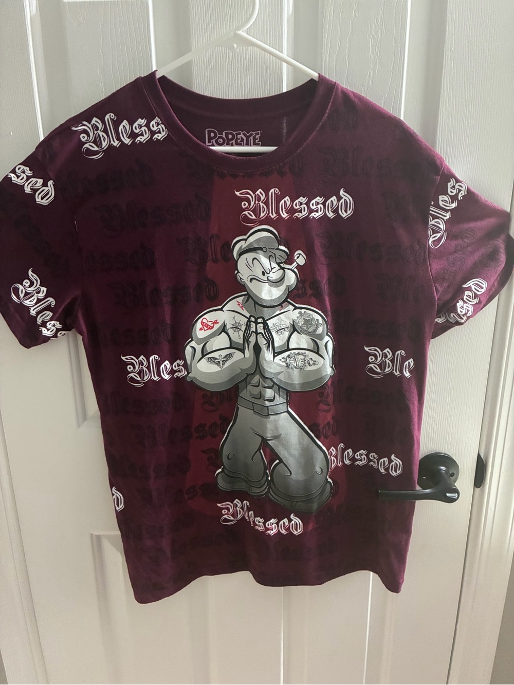 Popeye the Sailor Man "Blessed" Maroon All-Over T shirt Large